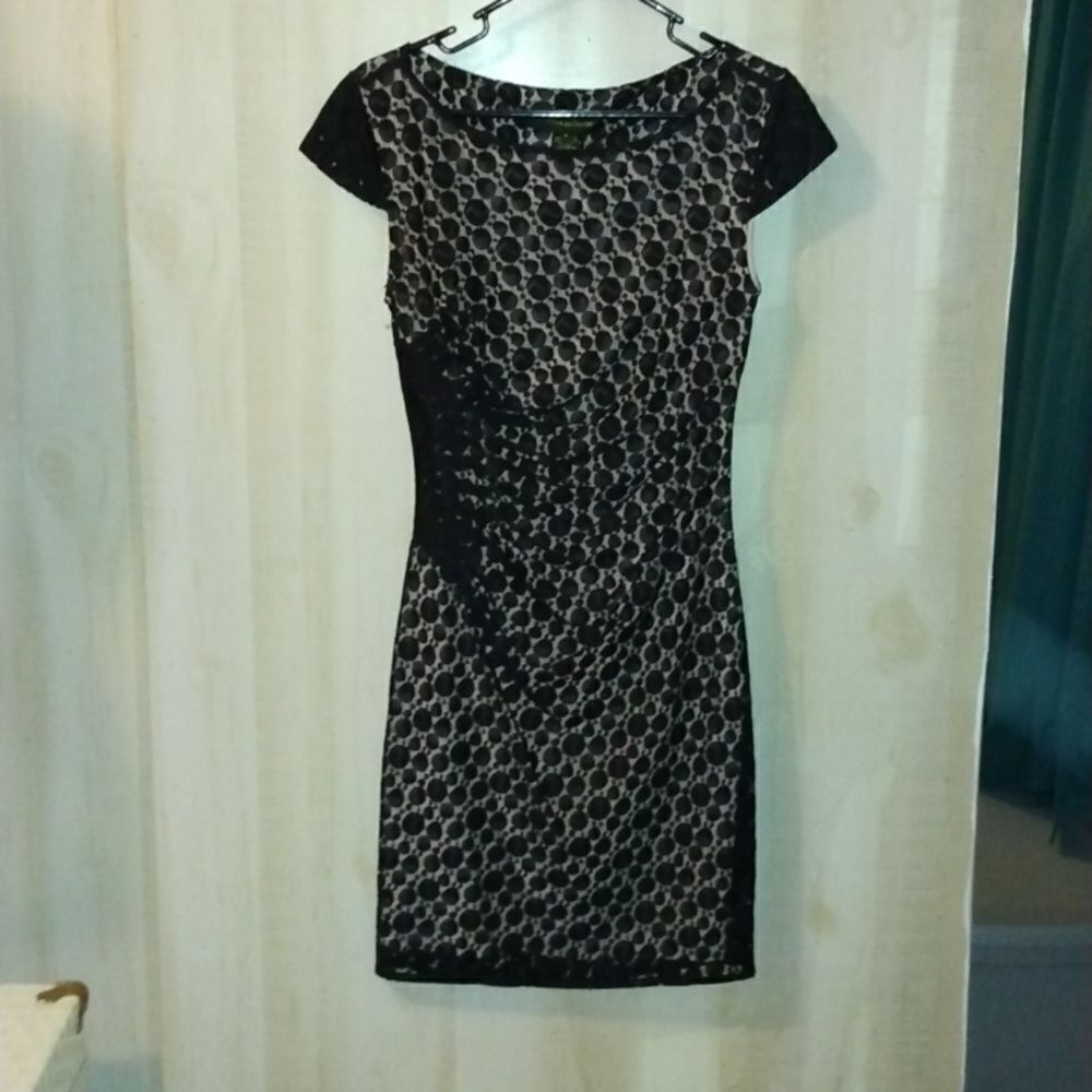 Catherine Malandrino Black Lace Overlay Mini Dress with Nude Lining